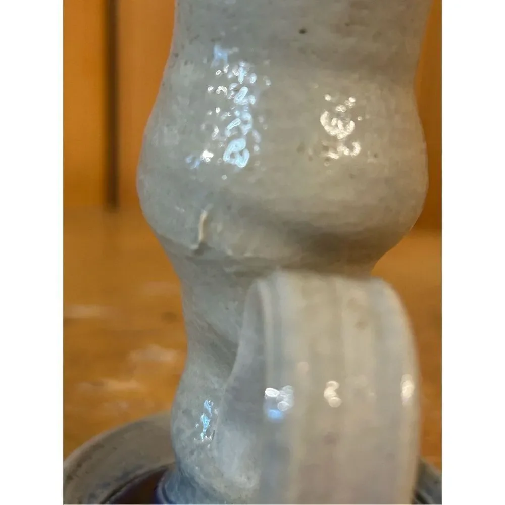 Salt Glaze Pottery Chamberstick Candle Holder with Cobalt (8186)